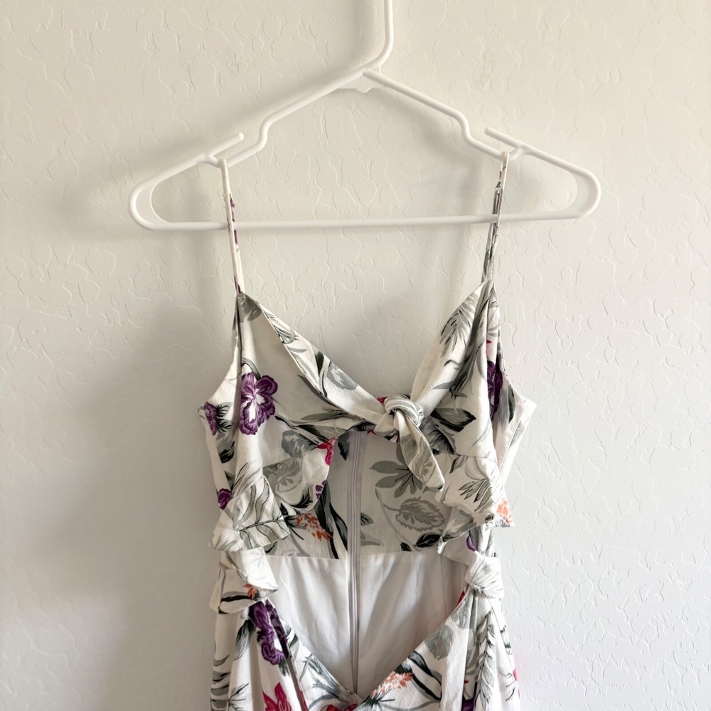 WAYF Floral Print Midi Dress Tie-Front Cutout Back Tropical White M - Picture 3 of 8